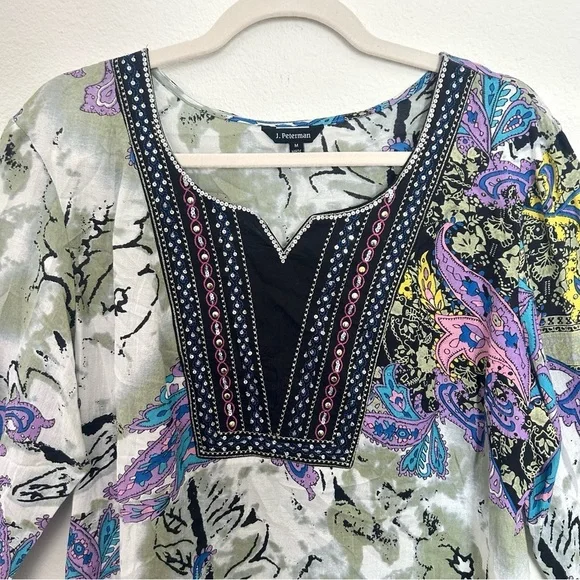 J. Peterman Embroidered Beaded Blouse Top Tunic Boho Festival Resort Size Medium - Picture 4 of 15